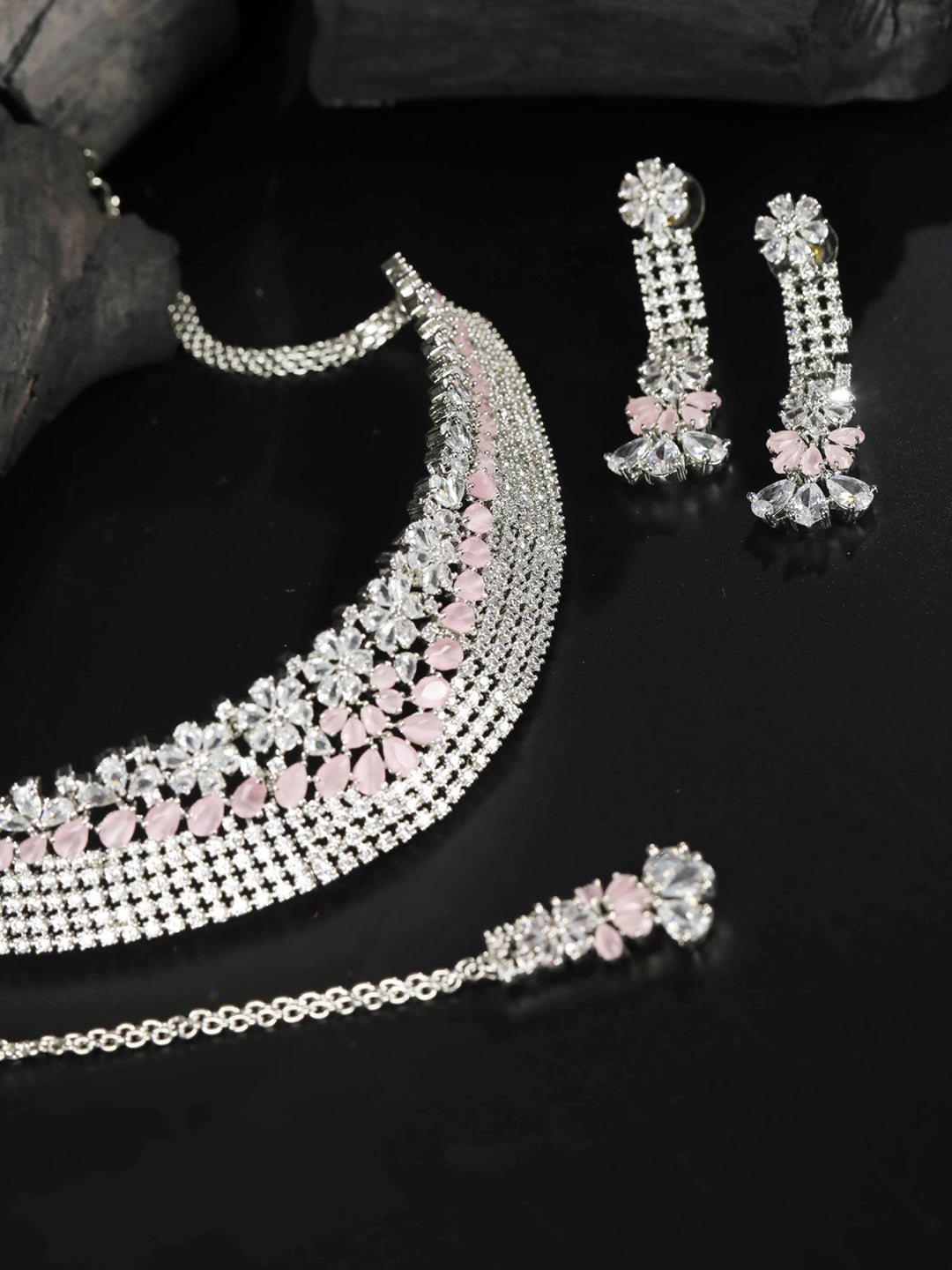 Pink American Diamond Silver Plated Choker Set with MaangTikka