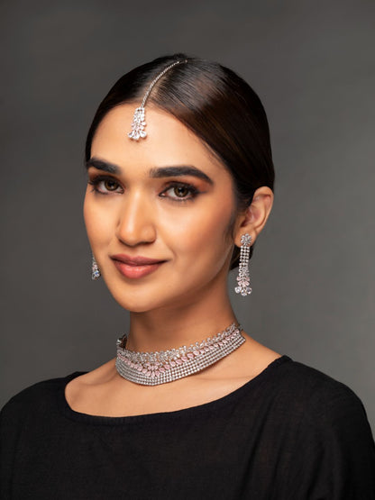 Pink American Diamond Silver Plated Choker Set with MaangTikka
