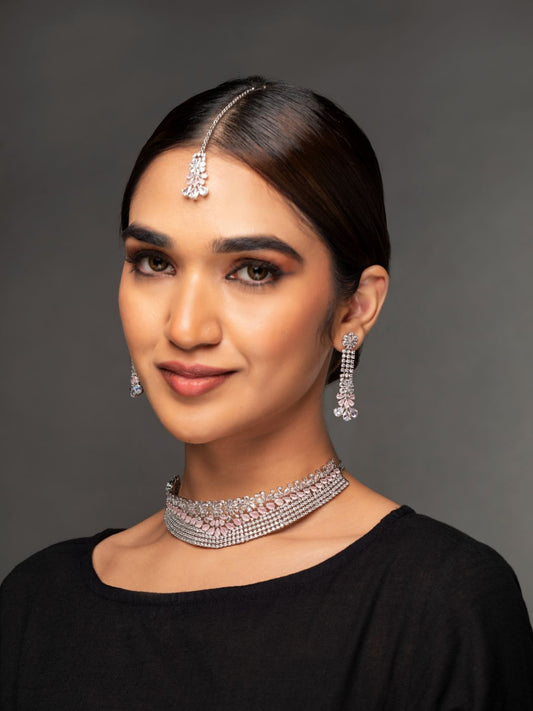 Pink American Diamond Silver Plated Choker Set with MaangTikka