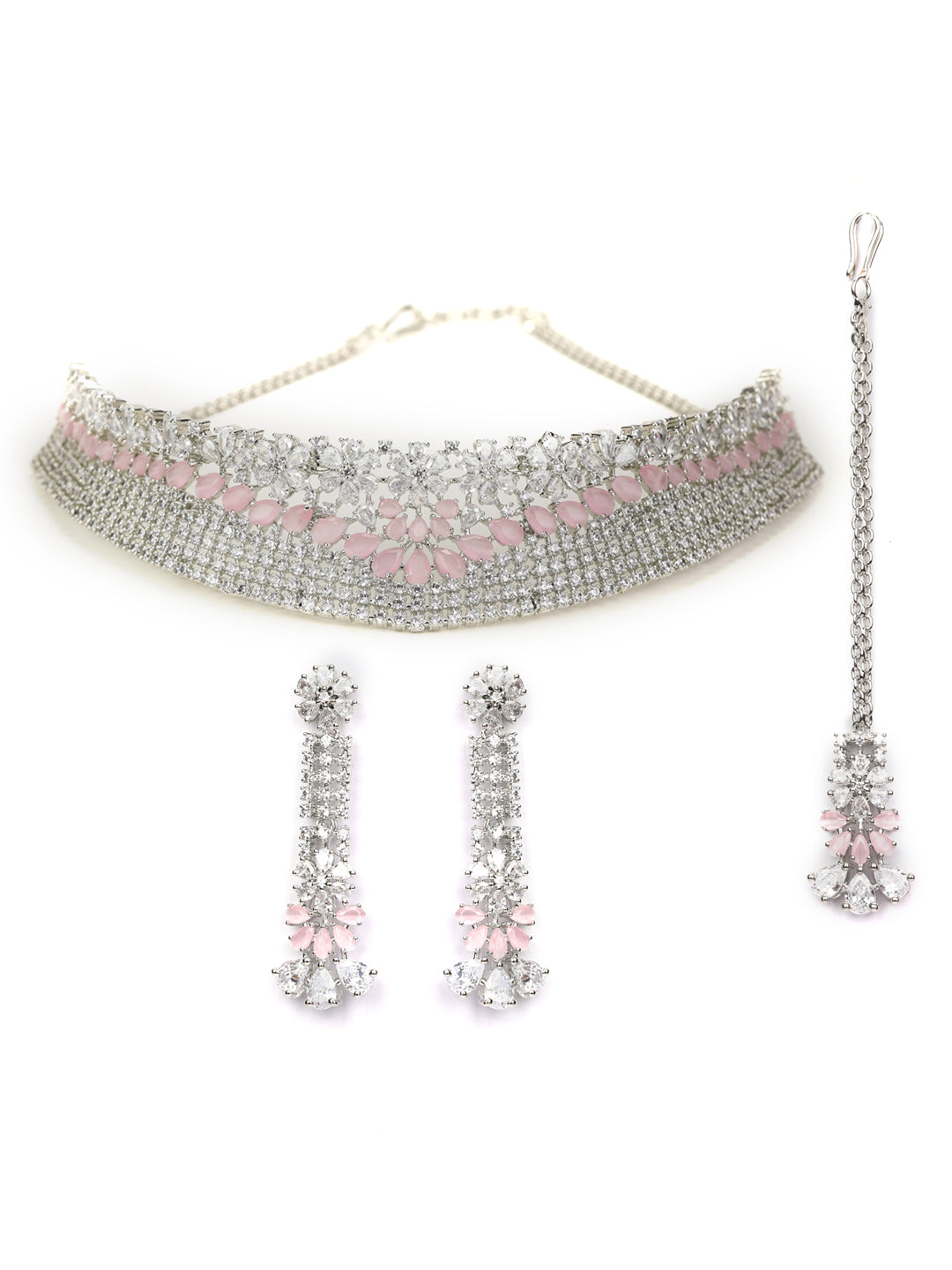Pink American Diamond Silver Plated Choker Set with MaangTikka