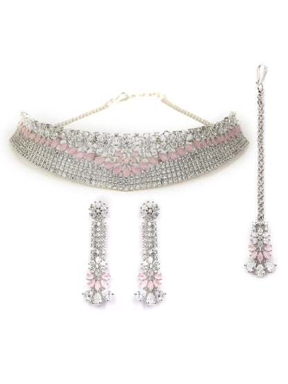Pink American Diamond Silver Plated Choker Set with MaangTikka