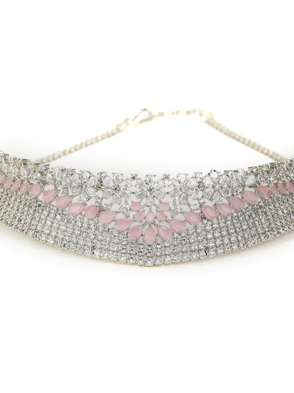 Pink American Diamond Silver Plated Choker Set with MaangTikka