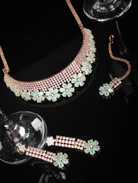 Minty Gold - Green American Diamond Cubic Zirconia Rose Gold Plated Choker Set with MaangTikka