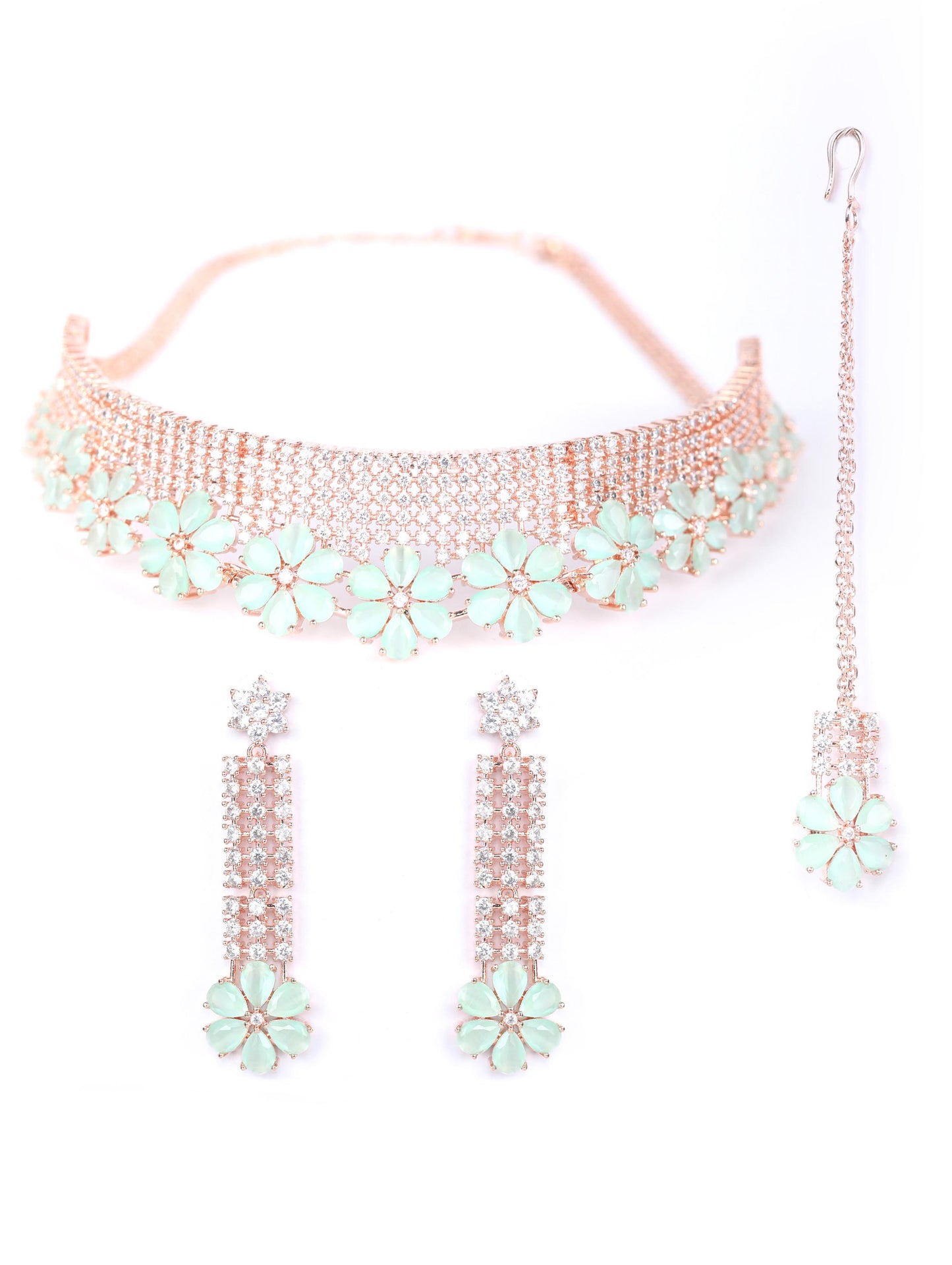 Minty Gold - Green American Diamond Cubic Zirconia Rose Gold Plated Choker Set with MaangTikka