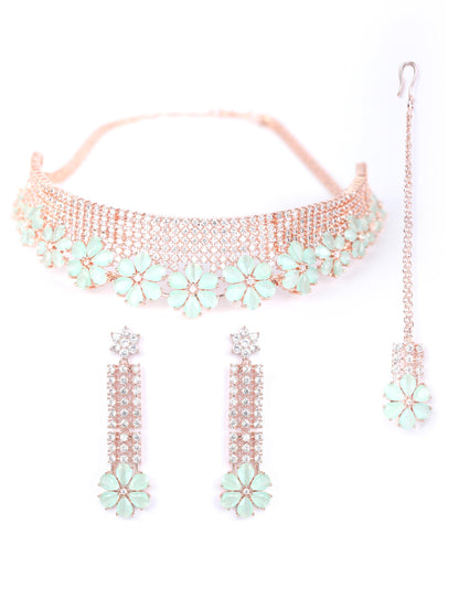 Minty Gold - Green American Diamond Cubic Zirconia Rose Gold Plated Choker Set with MaangTikka
