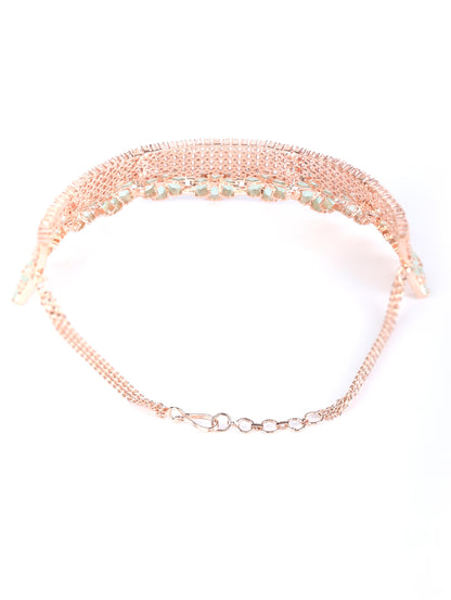 Minty Gold - Green American Diamond Cubic Zirconia Rose Gold Plated Choker Set with MaangTikka