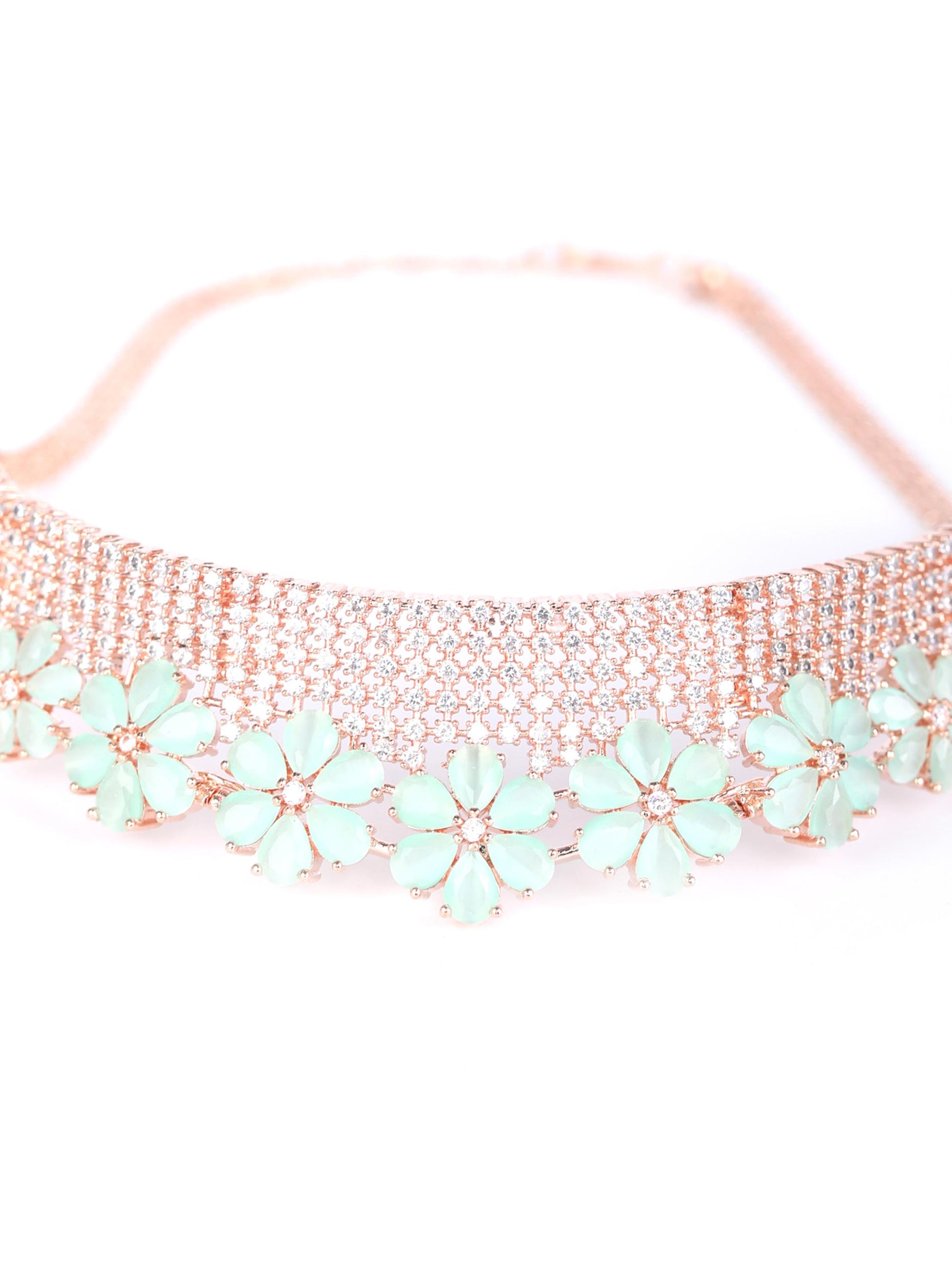 Minty Gold - Green American Diamond Cubic Zirconia Rose Gold Plated Choker Set with MaangTikka