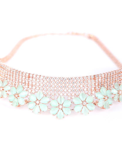 Minty Gold - Green American Diamond Cubic Zirconia Rose Gold Plated Choker Set with MaangTikka