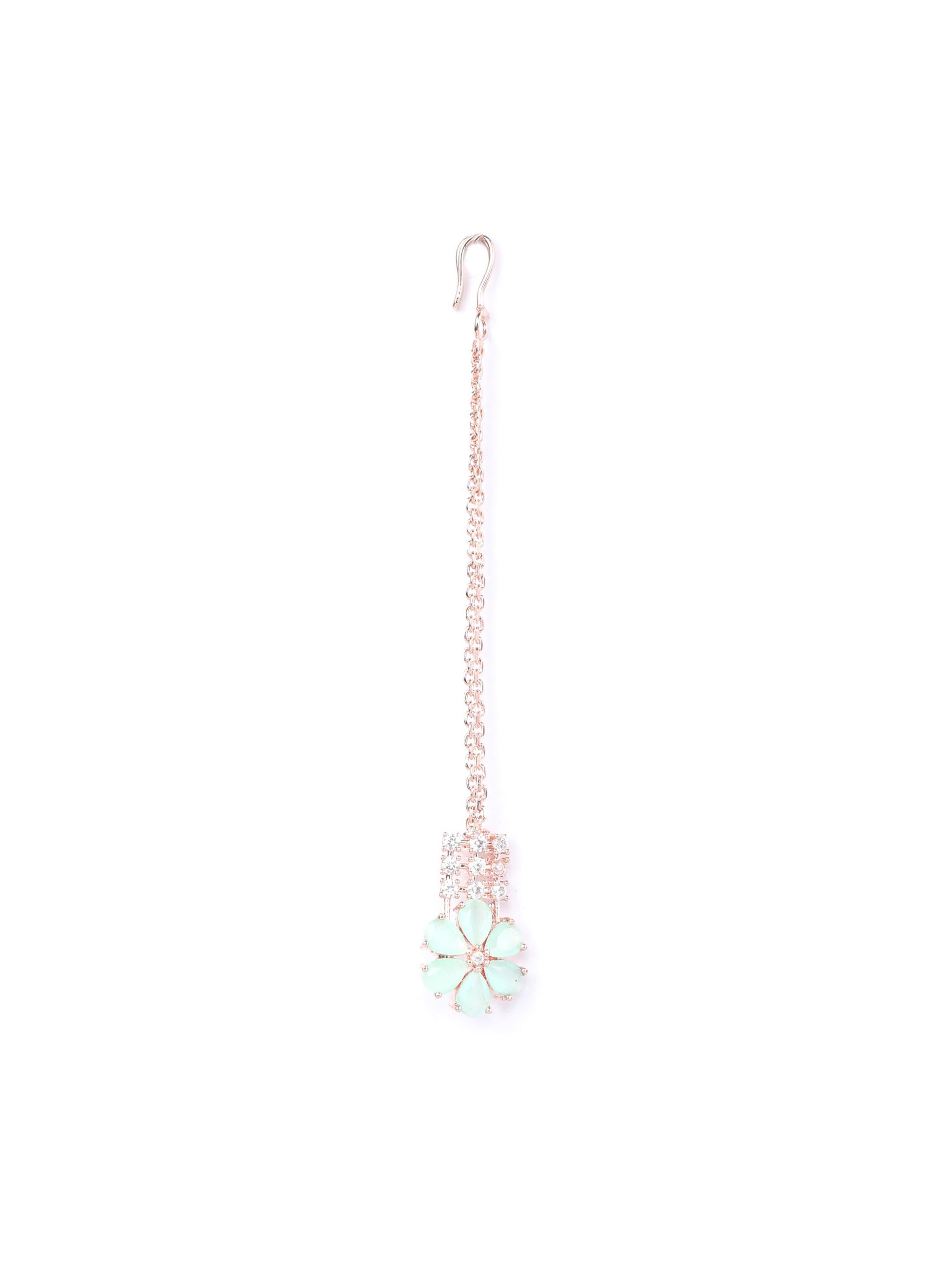 Minty Gold - Green American Diamond Cubic Zirconia Rose Gold Plated Choker Set with MaangTikka