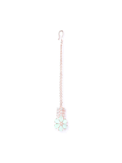 Minty Gold - Green American Diamond Cubic Zirconia Rose Gold Plated Choker Set with MaangTikka