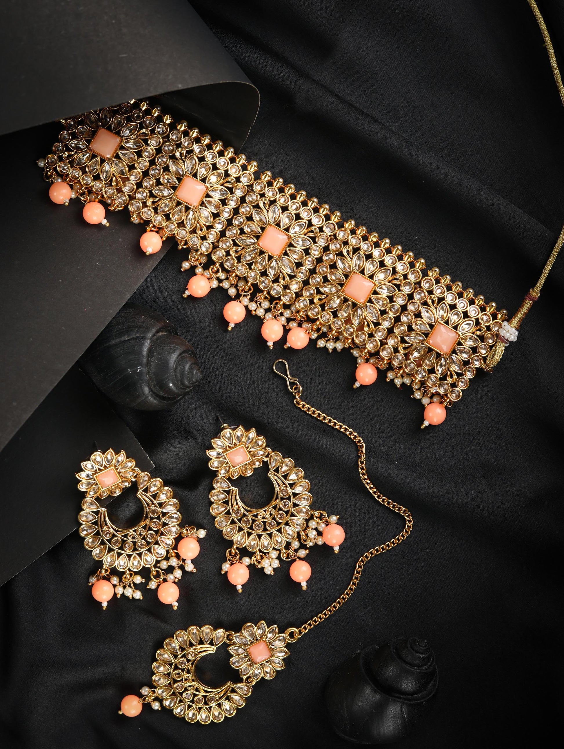 Orange Kundan Gold Plated Choker Set with MaangTikka