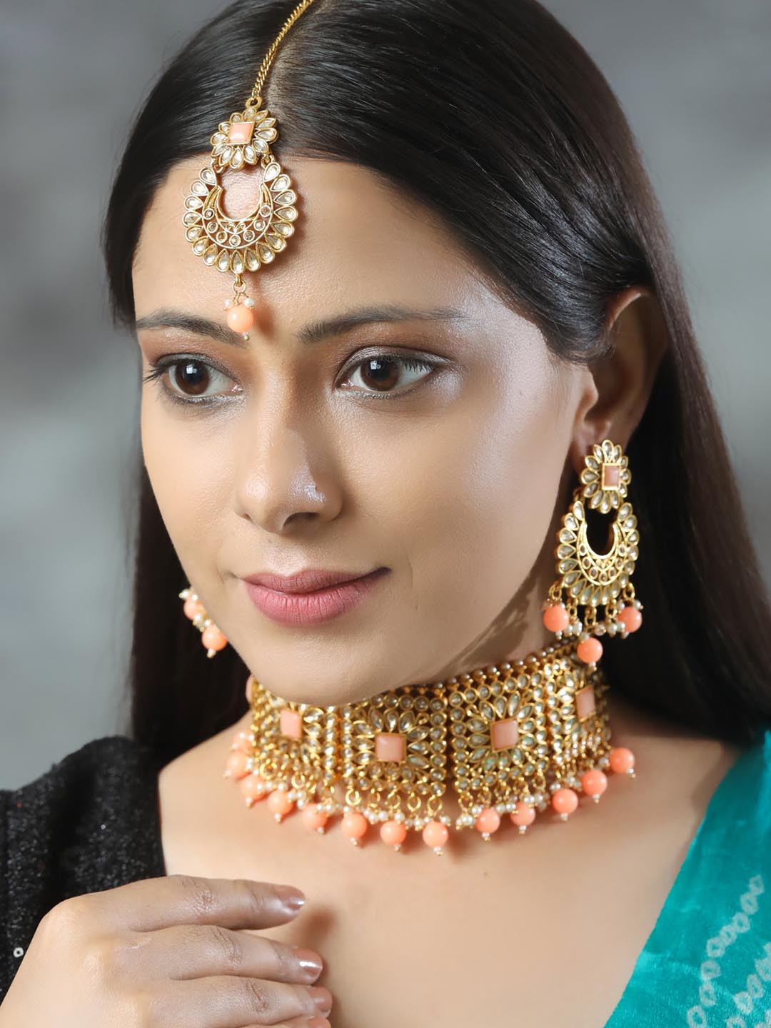 Orange Kundan Gold Plated Choker Set with MaangTikka
