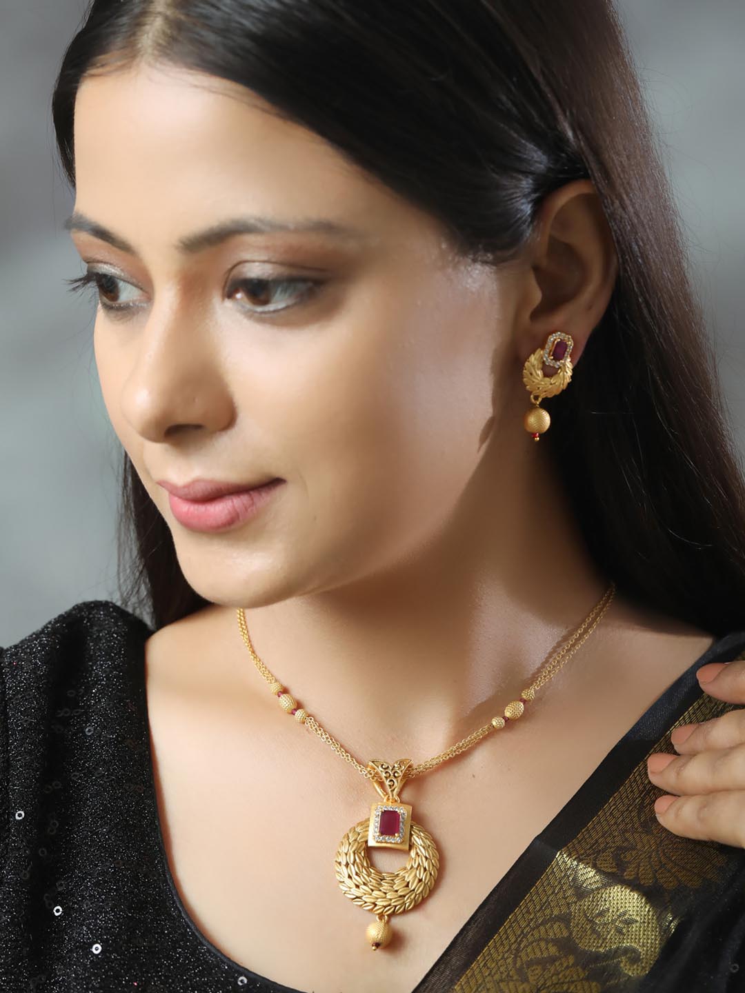 Leaf Twirl - Maroon Ruby American Diamond Gold Plated Jewellery Set