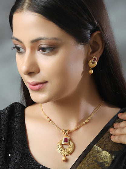 Leaf Twirl - Maroon Ruby American Diamond Gold Plated Jewellery Set