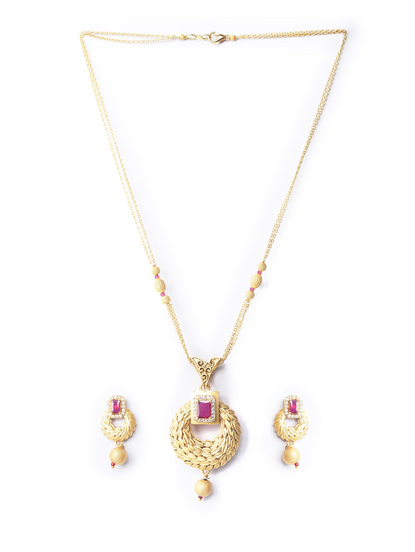 Leaf Twirl - Maroon Ruby American Diamond Gold Plated Jewellery Set