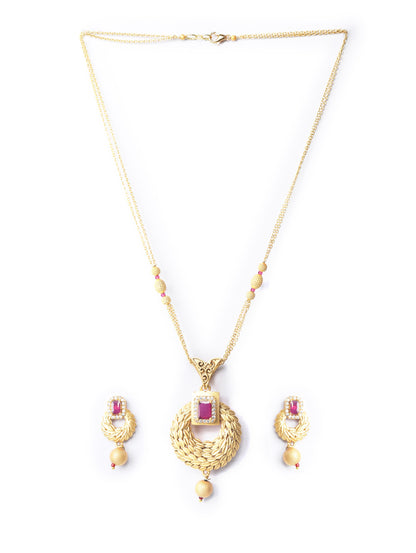 Leaf Twirl - Maroon Ruby American Diamond Gold Plated Jewellery Set