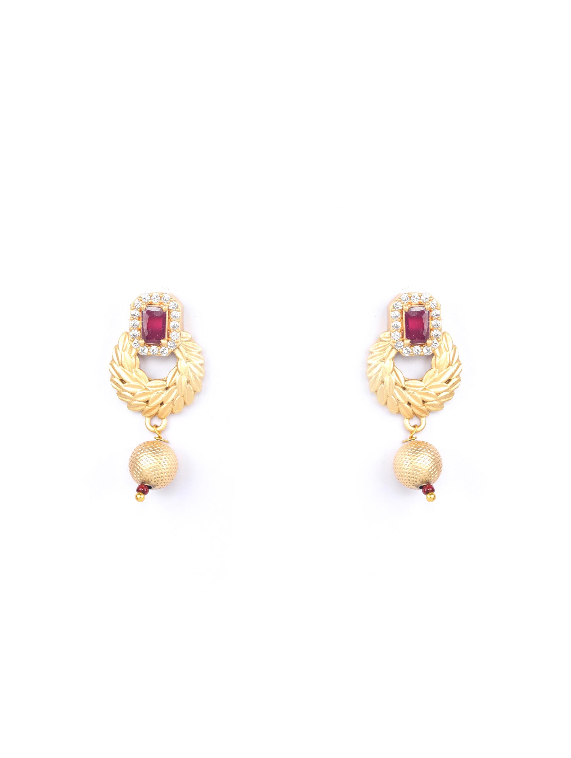Leaf Twirl - Maroon Ruby American Diamond Gold Plated Jewellery Set
