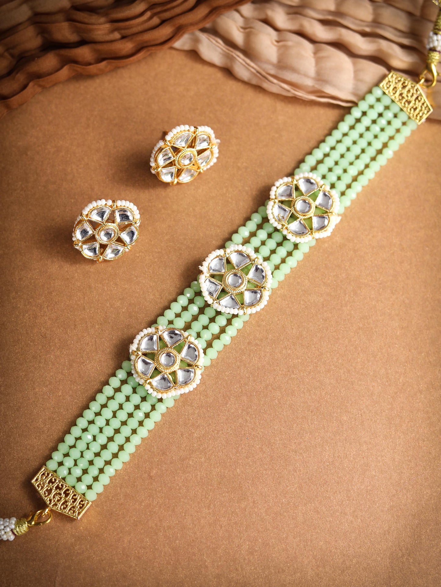 Mint Green White Kundan Gold Plated Choket Set