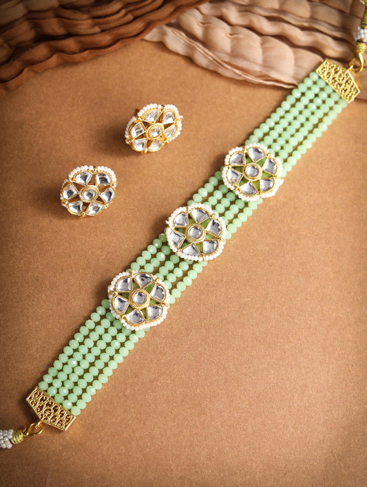 Mint Green White Kundan Gold Plated Choket Set