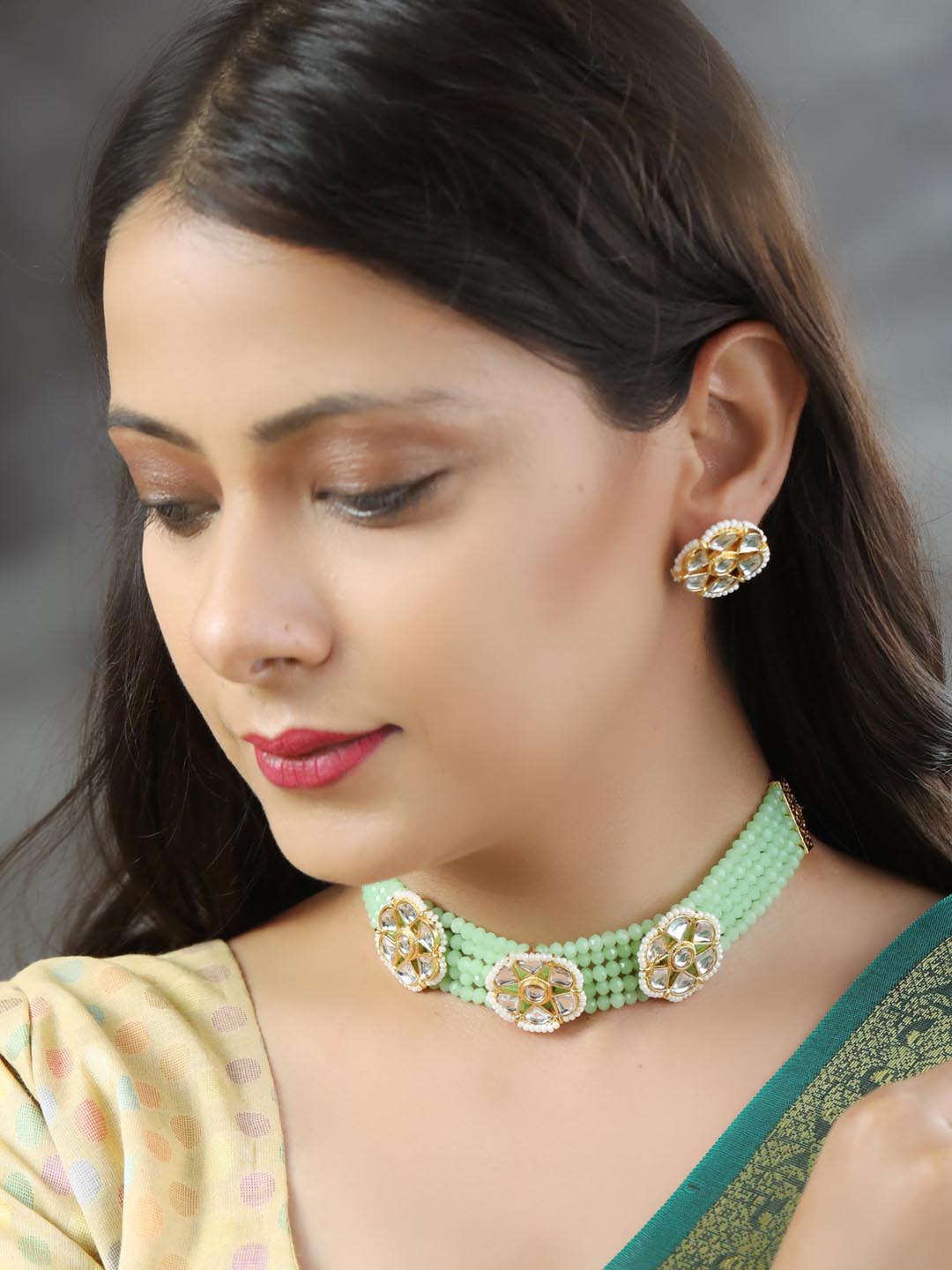 Mint Green White Kundan Gold Plated Choket Set