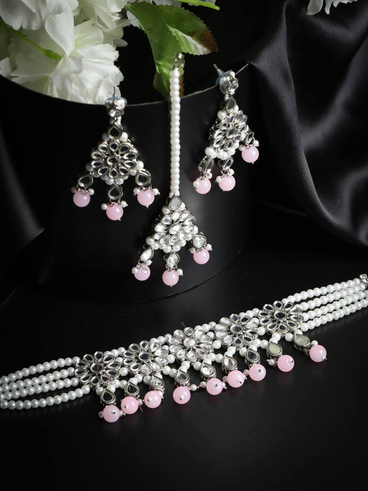 White Pink Silver Plated Choker Set with MaangTikka