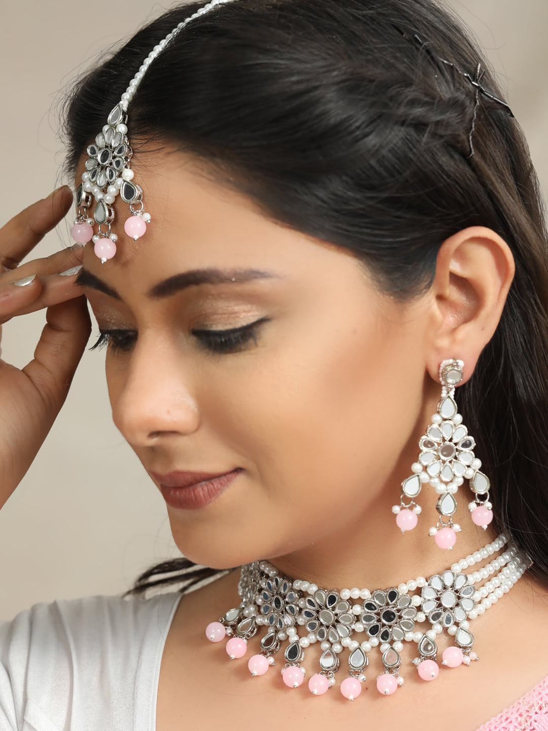 White Pink Silver Plated Choker Set with MaangTikka