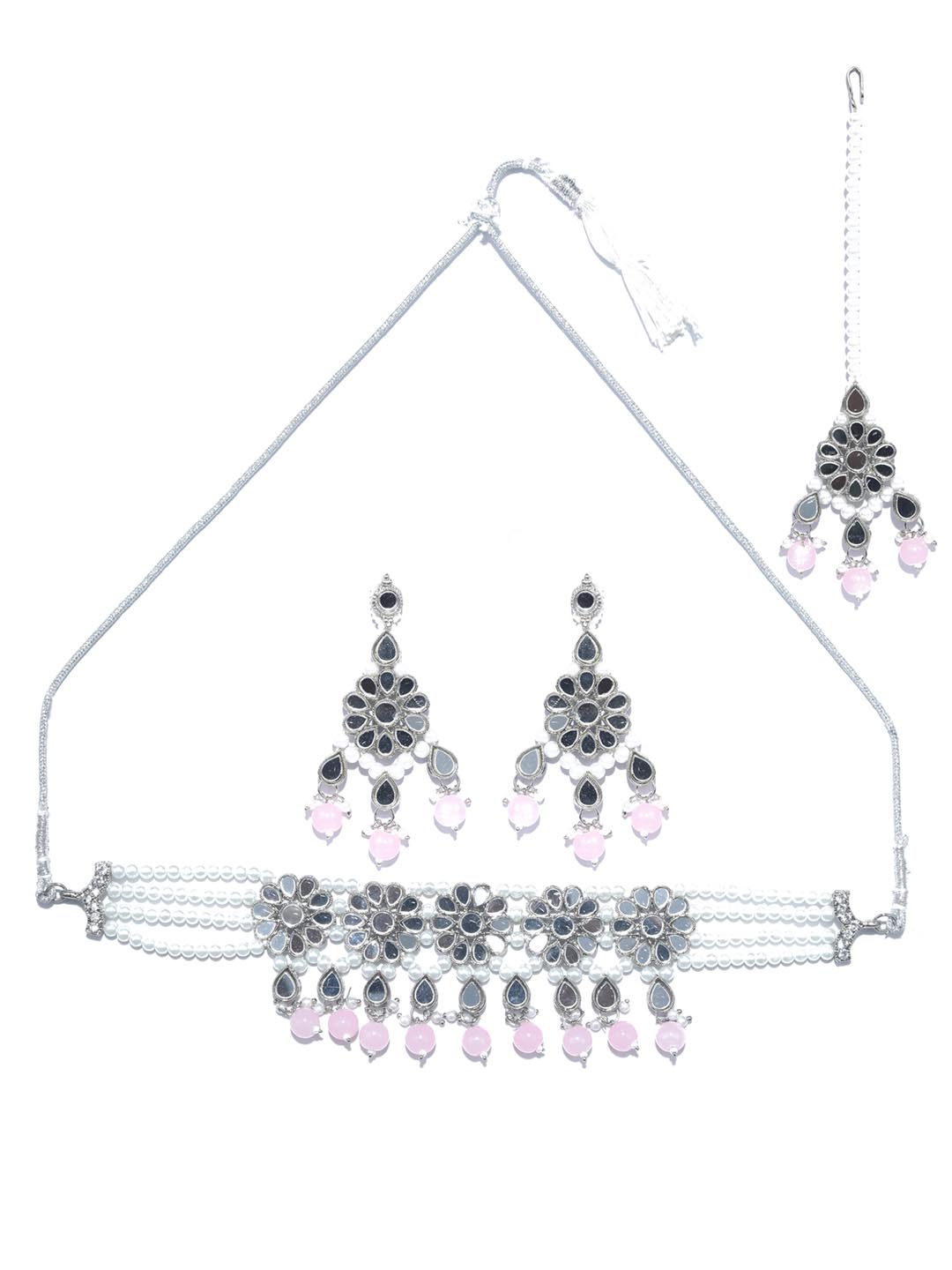 White Pink Silver Plated Choker Set with MaangTikka