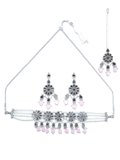 White Pink Silver Plated Choker Set with MaangTikka