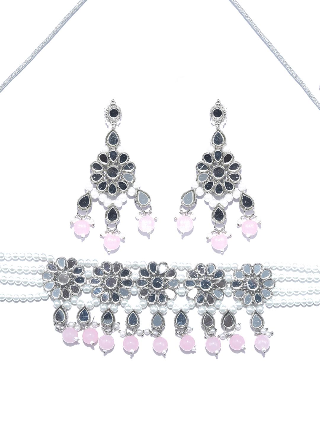 White Pink Silver Plated Choker Set with MaangTikka