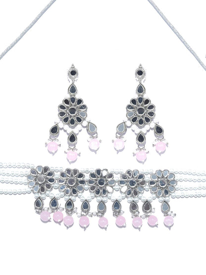 White Pink Silver Plated Choker Set with MaangTikka