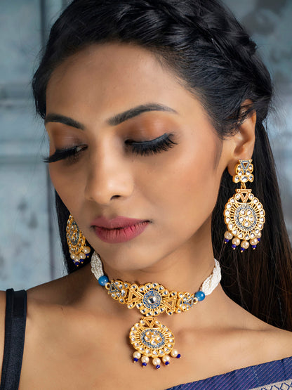 Ethnic Gold & Blue Kundan Studded Meenakari Jewellery Set