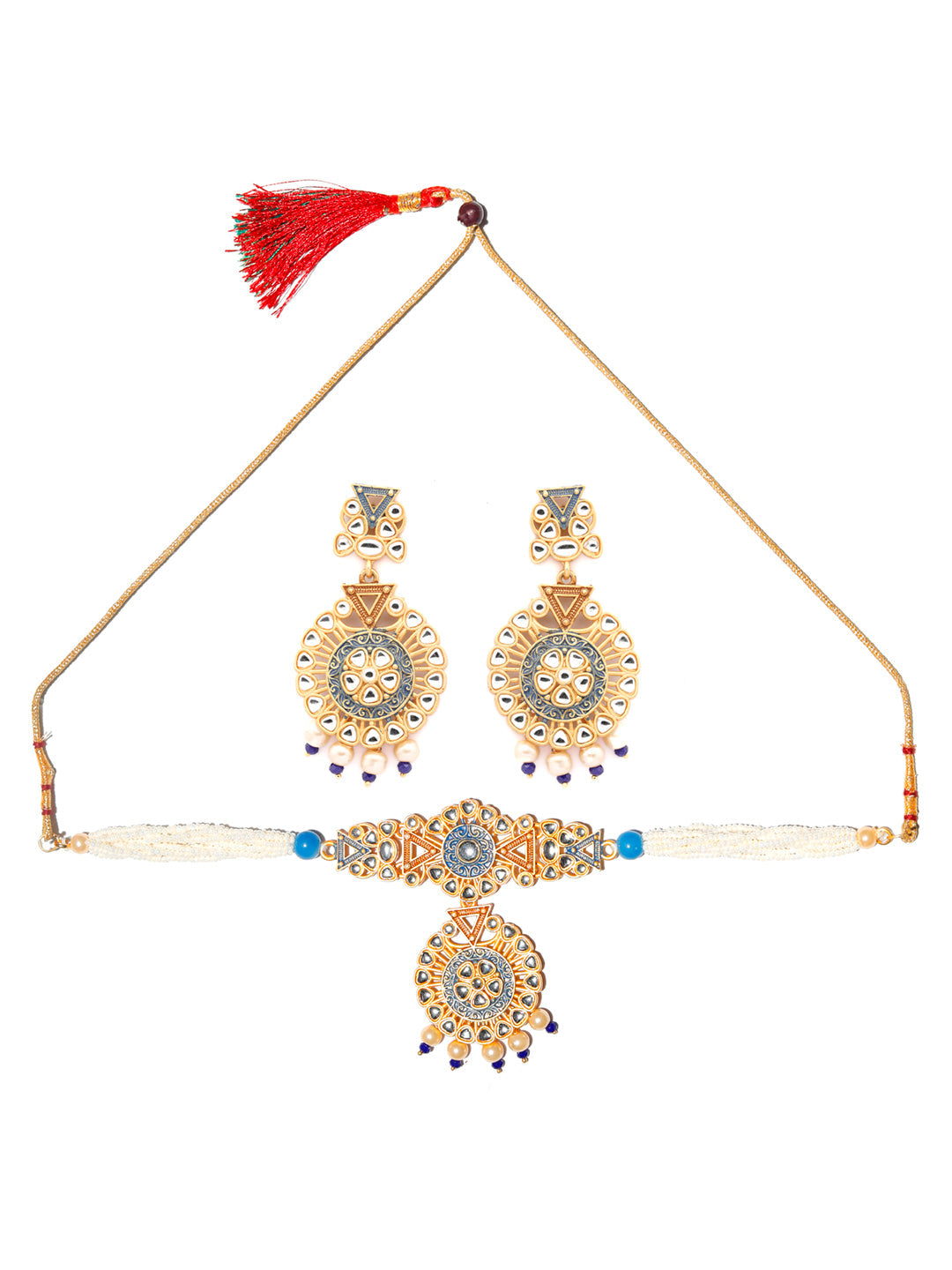 Ethnic Gold & Blue Kundan Studded Meenakari Jewellery Set