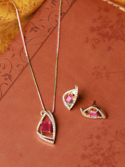 Pink American Diamond Gold Plated Pendant & Earring Set