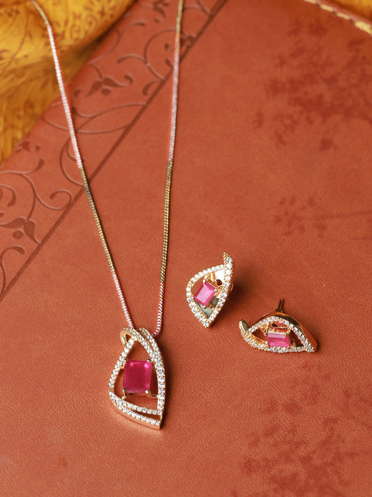 Pink American Diamond Gold Plated Pendant & Earring Set