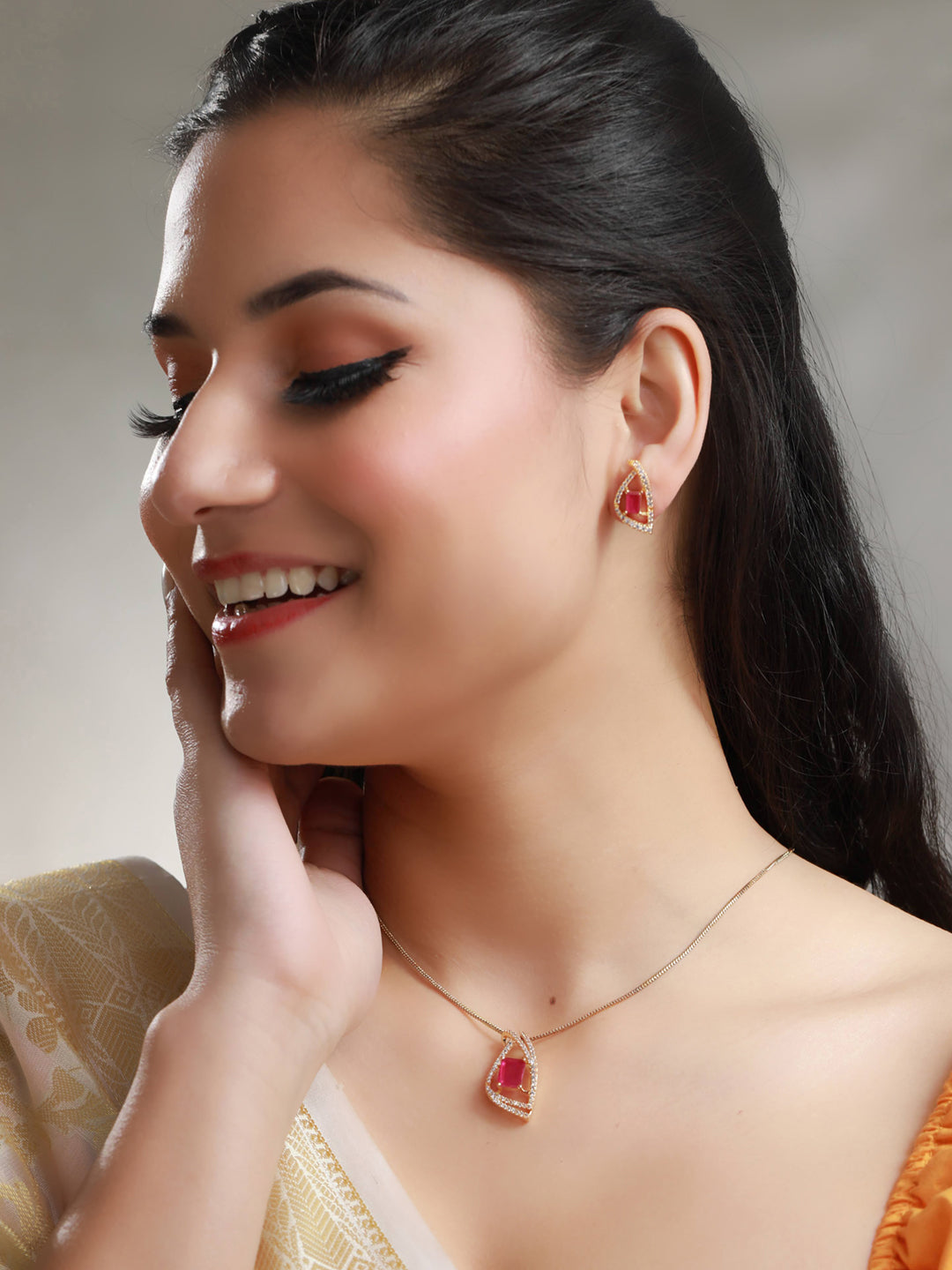 Pink American Diamond Gold Plated Pendant & Earring Set