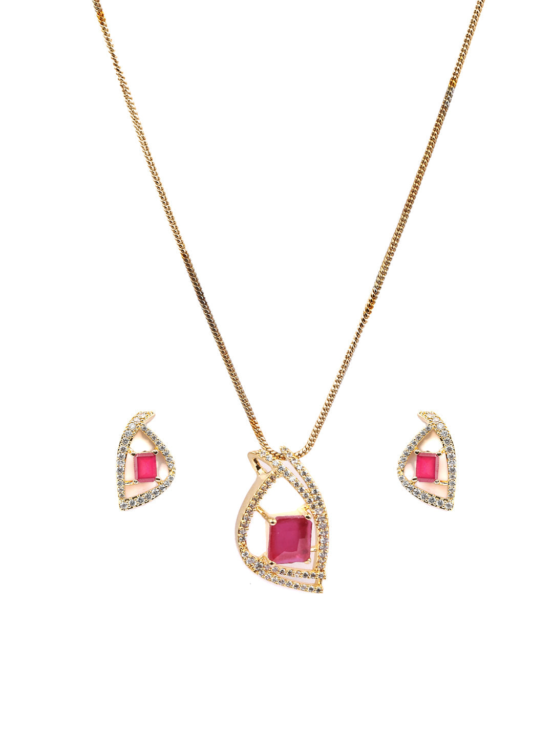 Pink American Diamond Gold Plated Pendant & Earring Set