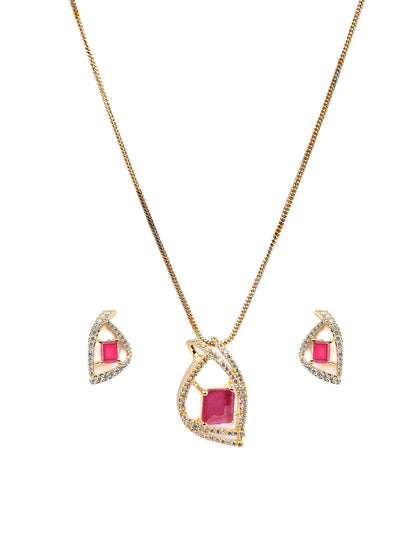 Pink American Diamond Gold Plated Pendant & Earring Set