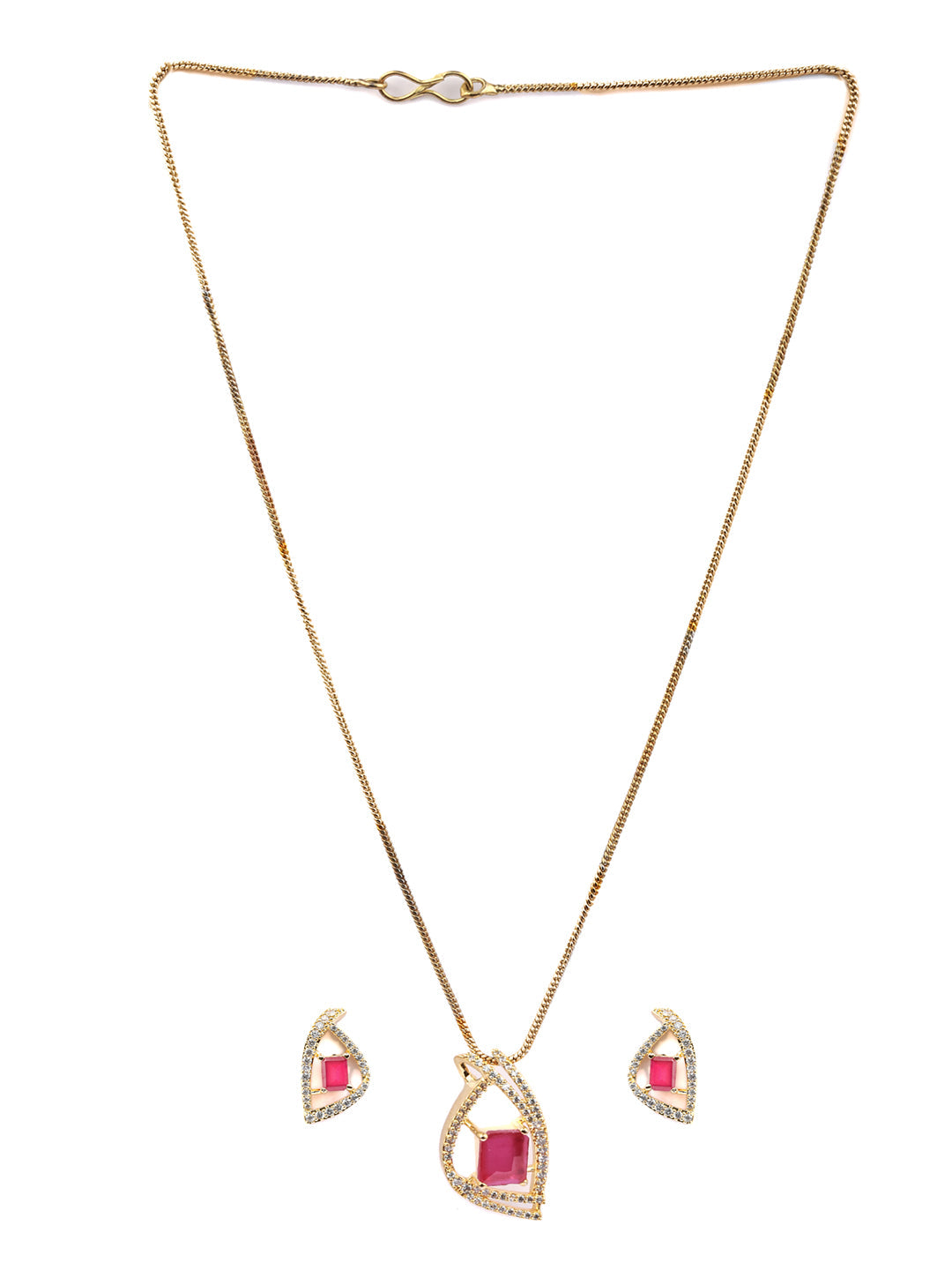 Pink American Diamond Gold Plated Pendant & Earring Set