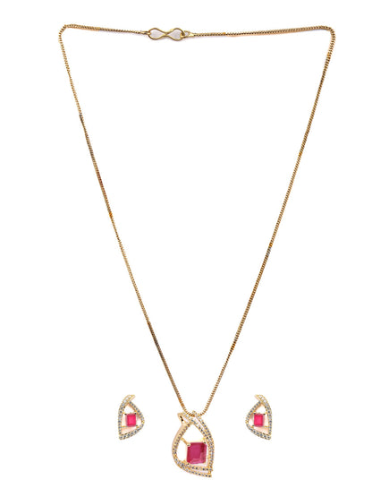 Pink American Diamond Gold Plated Pendant & Earring Set