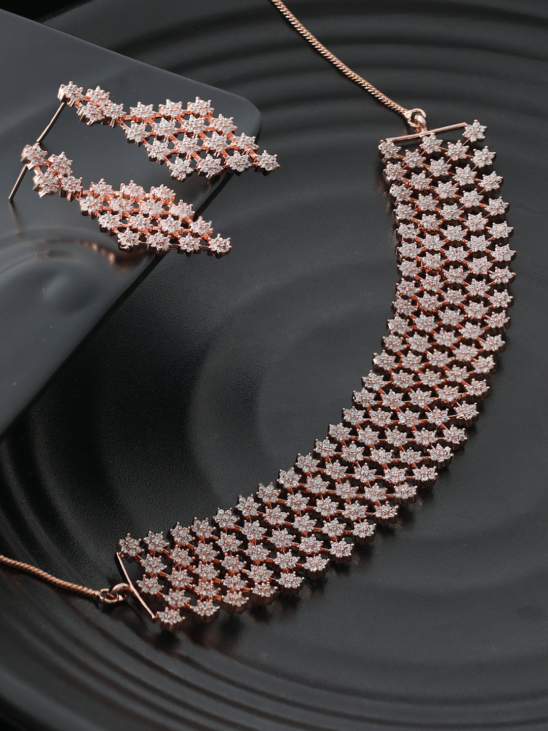 Tiny Flower Link American Diamond Rose Gold-Plated Jewellery Set