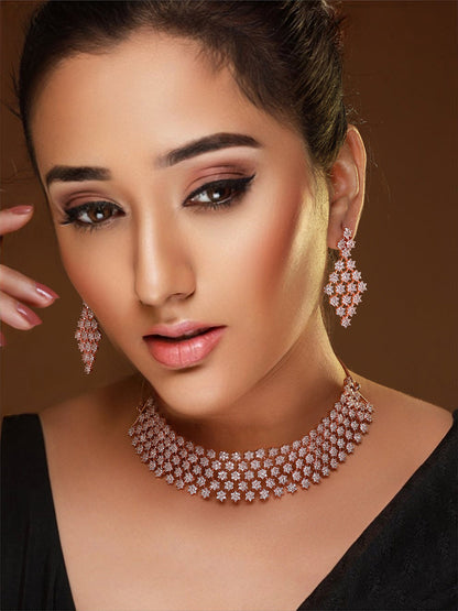 Tiny Flower Link American Diamond Rose Gold-Plated Jewellery Set