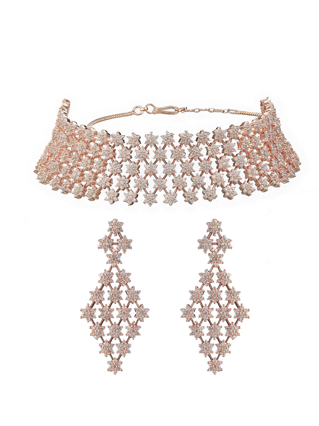 Tiny Flower Link American Diamond Rose Gold-Plated Jewellery Set