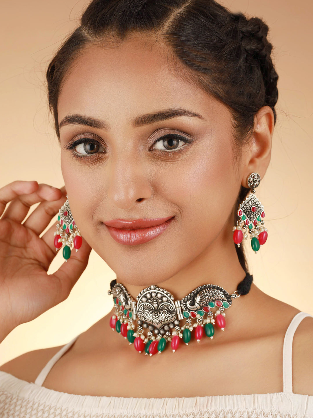 Priyaasi Oxidised Silver Multicolor Peacock Jewellery Set