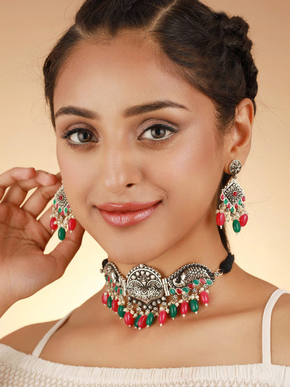 Priyaasi Oxidised Silver Multicolor Peacock Jewellery Set