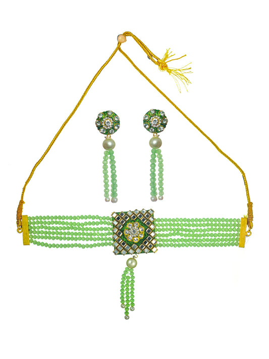 Priyaasi Green Studded Floral Mirror Block Choker Jewellery Set