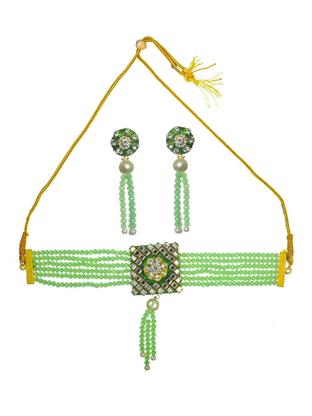 Priyaasi Green Studded Floral Mirror Block Choker Jewellery Set
