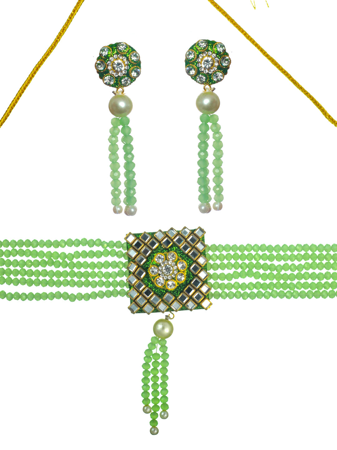 Priyaasi Green Studded Floral Mirror Block Choker Jewellery Set