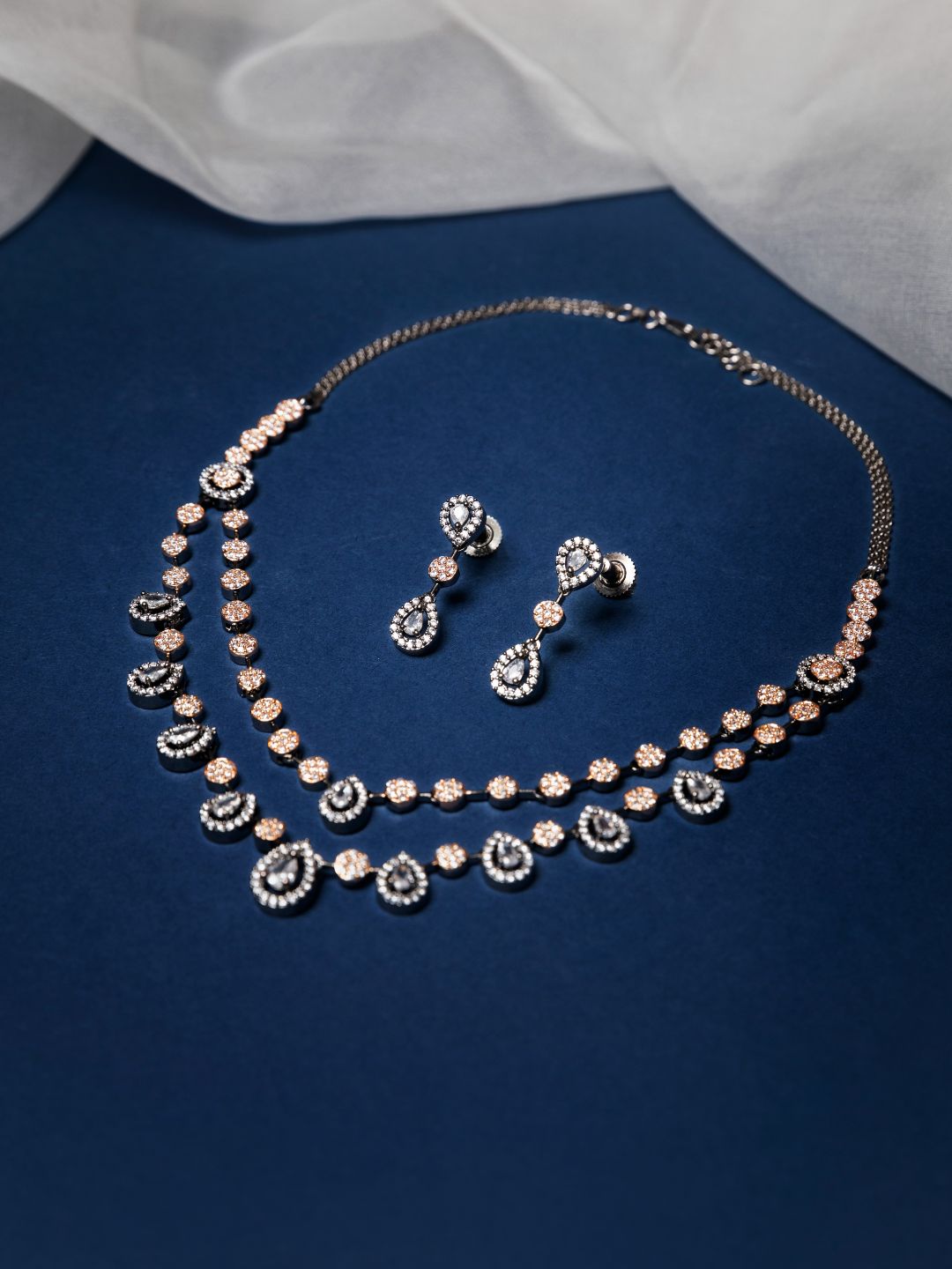 Priyaasi Black Rose Gold Plated AD Studded Dual-Layered Jewellery Set