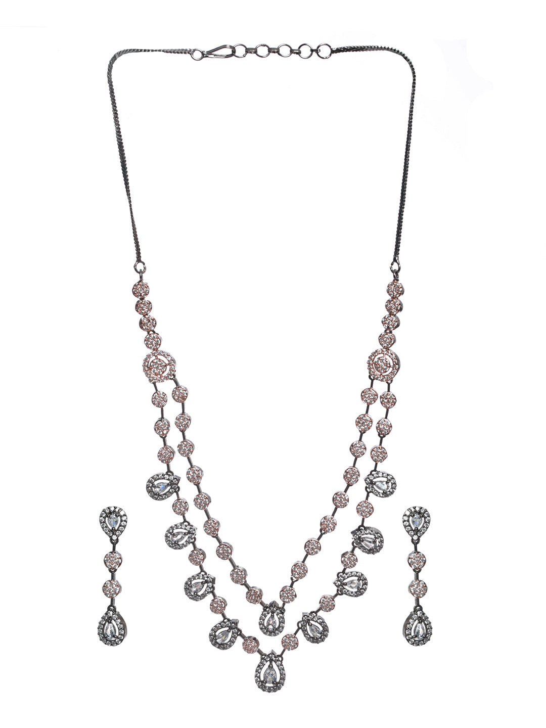 Priyaasi Black Rose Gold Plated AD Studded Dual-Layered Jewellery Set