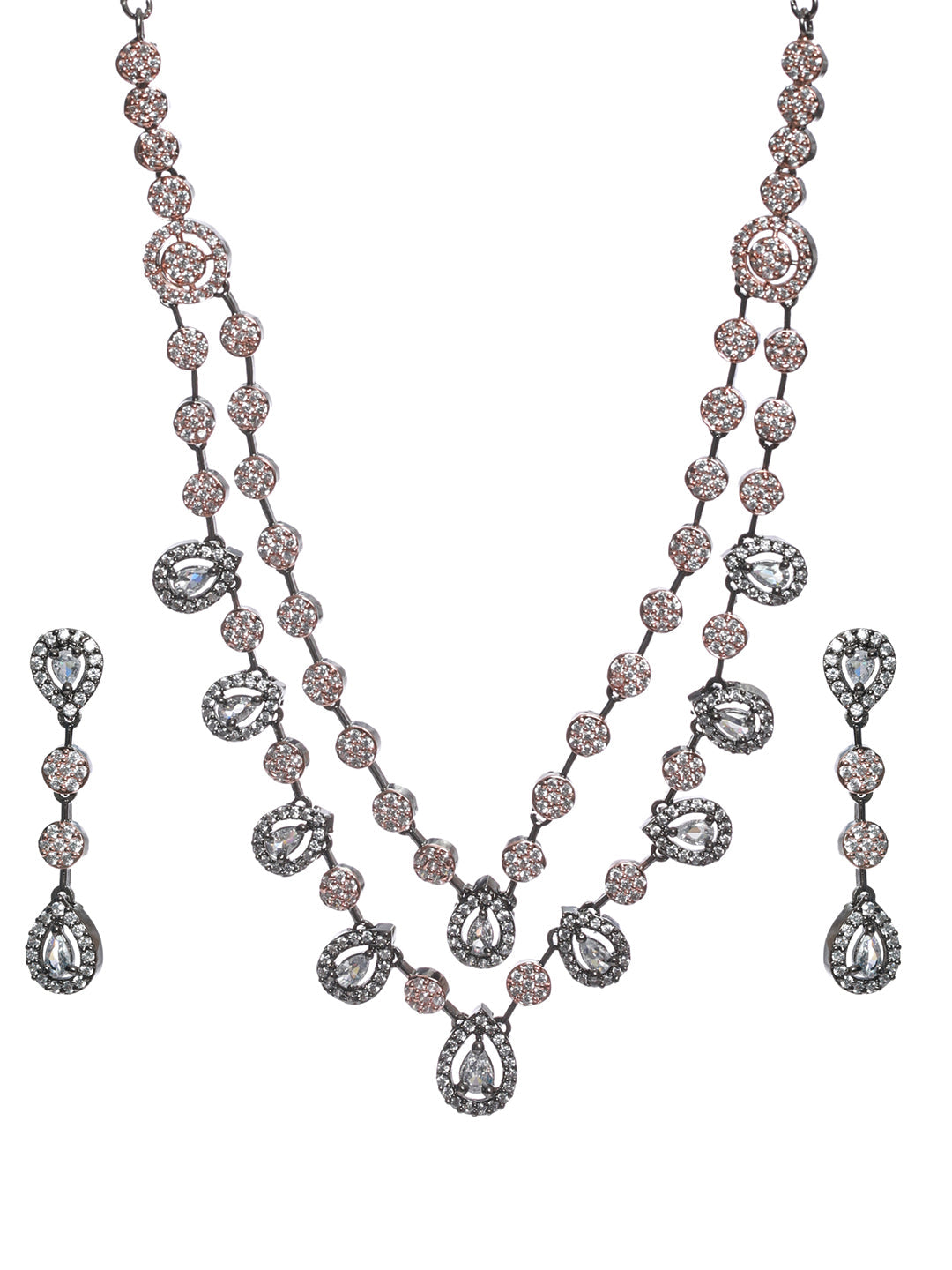 Priyaasi Black Rose Gold Plated AD Studded Dual-Layered Jewellery Set